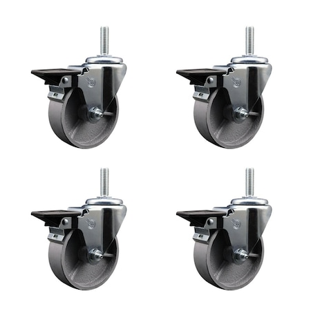 Service Caster 4 Inch Semi Steel Wheel Swivel 34 Inch Threaded Stem Caster Set with Brake SCC SCC-TS20S415-SSR-PLB-34212-4